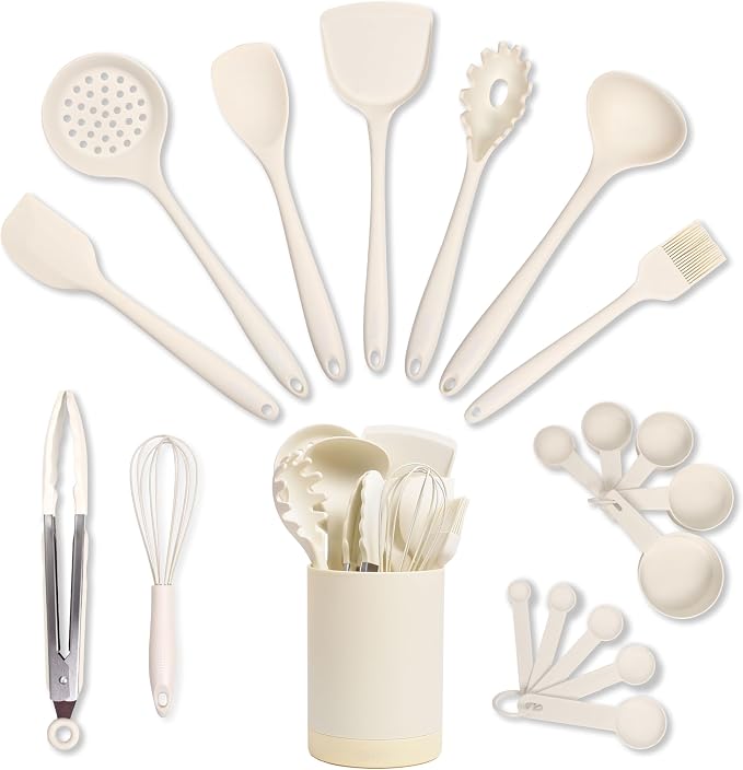 SMIRLY Silicone Kitchen Utensils Set with Holder: 20 Piece Cream White Silicone Cooking Utensils Set for Nonstick Cookware by Smirly