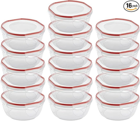 Sterilite Ultra-Seal 4.7 Qt Bowl, Large Airtight Food Storage Container, Latching Lid, Microwave and Dishwasher Safe, Clear With Red Gasket, 16-Pack by Sterilite