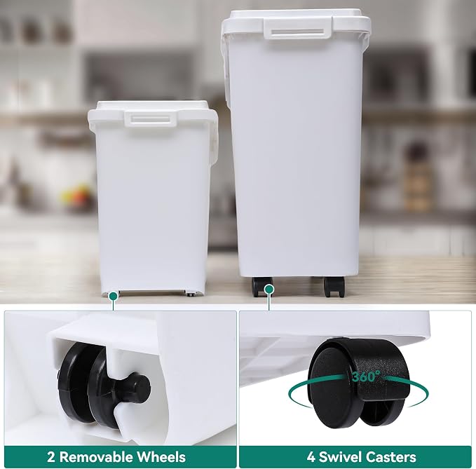 YITAHOME 65L/117lbs Rice Storage Bins, 11.4+5.8 Gal Rice Flour Storage Container with Measuring Cup,BPA Free,Scoop and Wheels for Kitchen| Flour| Pet Food| Grain,2 Counts,White & Black Lid - Image 4