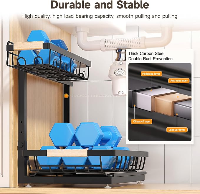 2-Pack 2-Tier Height Adjustable Under Sink Organizer & Storage | Multi-purpose storage for kitchen & bathroom cabinet. Large black shelf, height adjustable design for space-saving. - Image 6