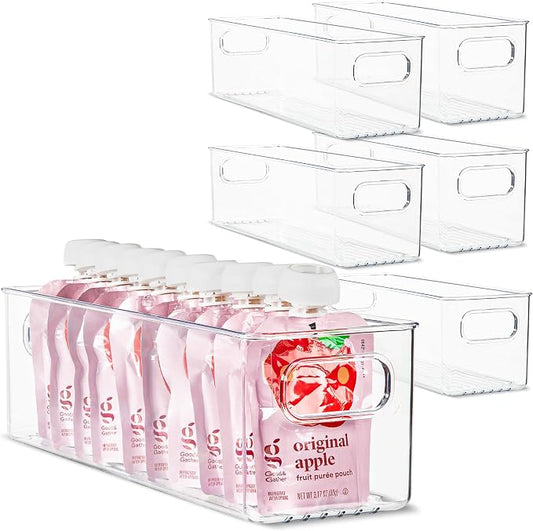 Plastic Food Storage 6 Pack Clear Container Bin with Handles for Organizing Kitchen, Pantry, Refrigerator, Freezer, Pantry, Cabinet, Closet, Bathroom. 14”x4”x4” by primebox