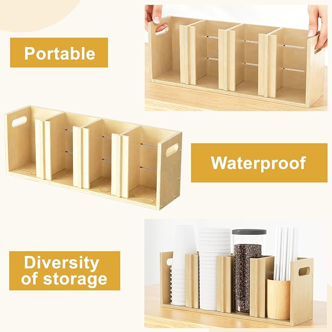 Wood Cup Lid Organizer 4 Compartments with Adjustable Dividers for Counter Wall Mount Disposable Cup and Lid Storage Kitchen Restaurants Fast Food Coffee Shop Supplies (20”W x 7”H x 4.7”D) - Image 5