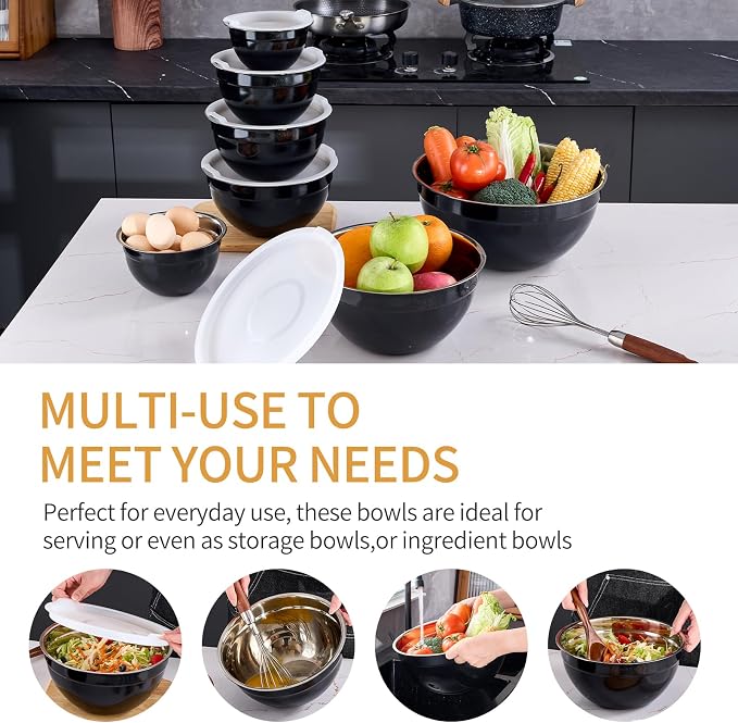 Black Mixing Bowls With Airtight Lids,Stainless Steel Bowl,Salad Bowls 7 Piece Colorful Nesting Bowl Black Kitchen Accessories,Size 7,3.6,2.7,2.1,1.5,1.1,0.8QT Stackable Design - Image 5