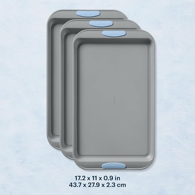 Pyrex 3-Piece Metal Cookie Sheet Bakeware Set, Cerulean | Lightweight stainless steel baking trays with heatsafe silicone handles, made without PFAS, mercury, lead, cadmium & BPA - Image 2