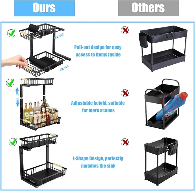 Under Sink Organizer and Storage: 2-Tier Adjustable Height Under Sink Bathroom Organizers Multi-Purpose Bathroom Cabinet Pull Out Drawers for Kitchen with Hooks (Black) - Image 5