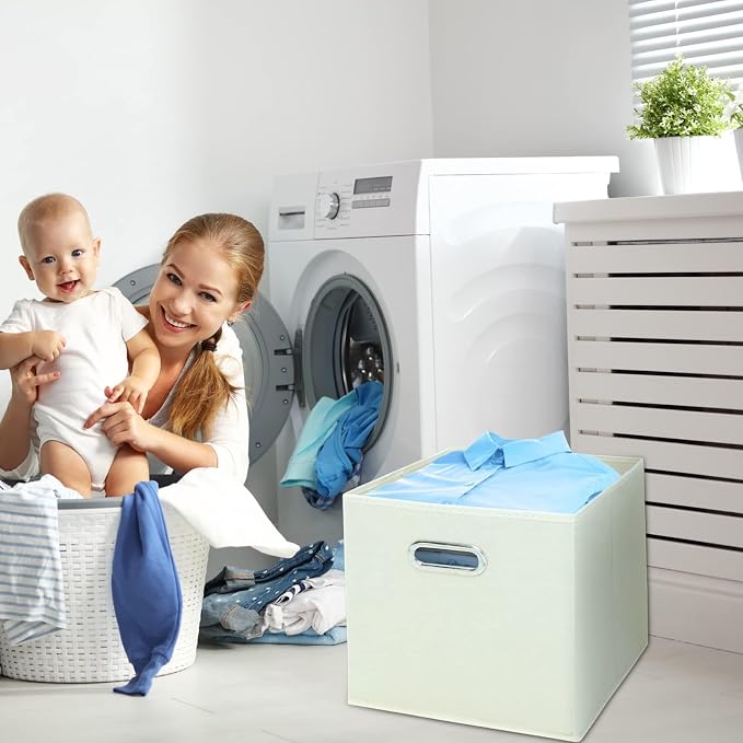 Fabric Cubby Storage Bins,13x13x13 Inches ,Cube Organizer Bin Foldable Storage Boxes with Dual Handles Fabric Organizer Box and collapsible Storage basket,Set of 8,Creamy-White - Image 5