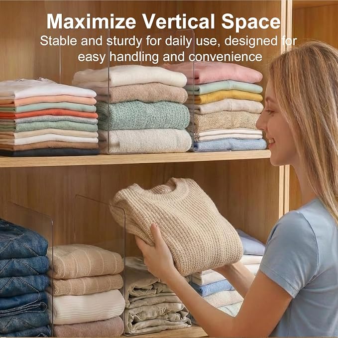 SortNStore Shelf Dividers Closet Organization: 12" Tall x 12" Deep (Taller) | Adhesive Separators Features Acrylic Material and LargeHandbags, Totes, Clothes, Towels in Bedroom Cabinets 8-Pack - Image 4