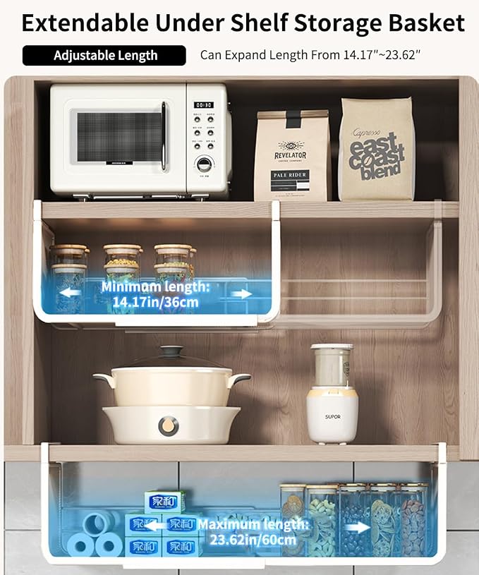 Expandable Under Shelf Basket Organizer, Under Shelf Storage, Hanging Baskets Under Cabinet for Pantry Kitchen Cupboard Desk Counter Bookshelf Space Saver Heavy Duty Slide-in (white, 1 Pack) - Image 4