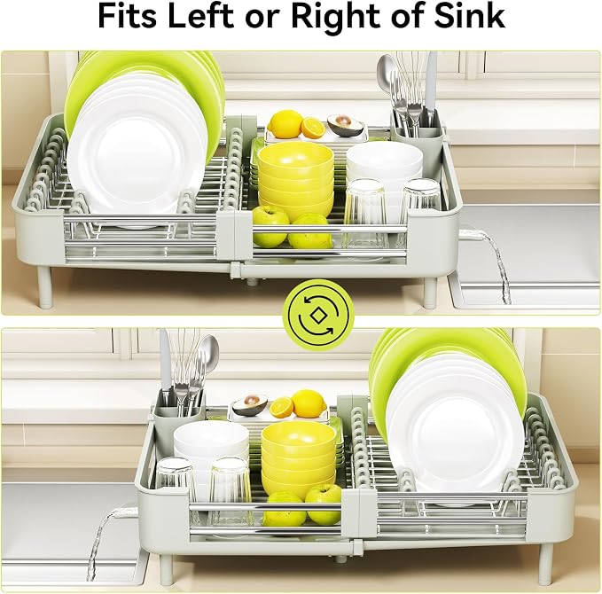 Urackify Extendable Stainless Dish Drying Rack for Kitchen Counter | 13.78"W x 18.7"L, Foldable Drainboard for Space Saving, Knife and Utensil Holder, Fast-draining Spout, Soft Celery Green - Image 6