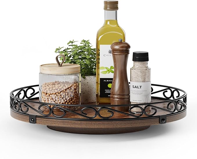 12" Lazy Susan Turntable Organizer for Table Top, Wood Lazy Susan Cabinet | Farmhouse Rotating Decor Tray for Dining Table, Pantry, Kitchen Countertop, Spice, Bathroom Vanity, Round Patterned Rim,Brown by Yoobure