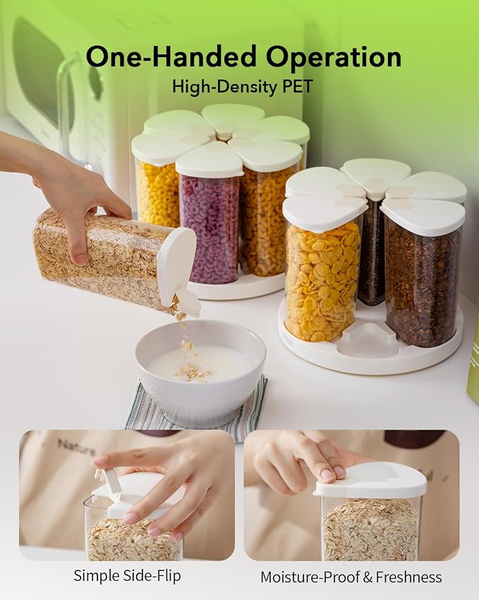 Rotating Food Storage Containers Set of 6, 23oz (690ml) Clear PET Jars with Dual Pour Lids, 360° Lazy Susan Pantry Organizer for Snacks, Cereal, Nuts, Oats & Dry Foods, Kitchen Grain Dispenser - Image 5