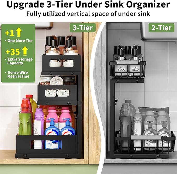 Under Sink Organizer,3-Tier Heavy Duty Pull out Cabinet Organizer Shelf | Height Adjustable,Thickened Metal,Slide out Storage Drawer Rack for Kitchen Bathroom Pantry Laundry Home Organization - Image 2