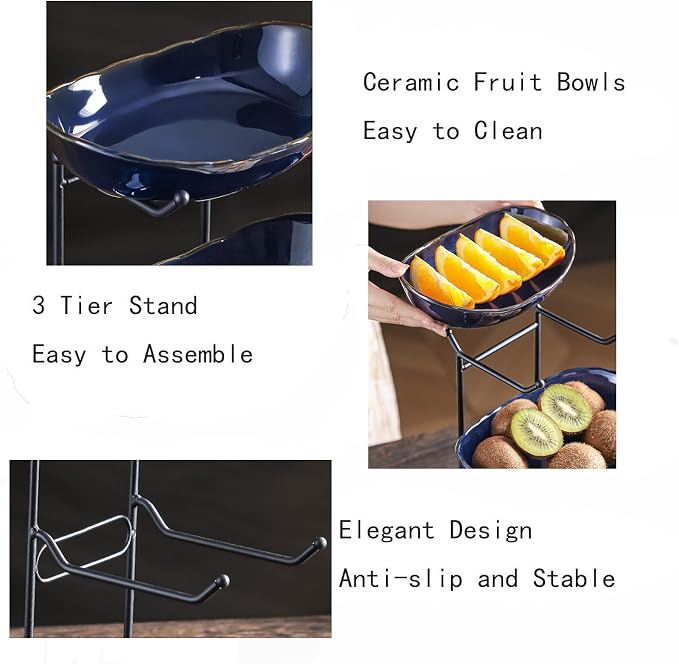 2-Tier Fruit Bowls for Kitchen Counter,Dark Blue Ceramic Bowl with Black Metal Stand,2 Tier Fruit Basket for Fruit,Snack,Cake,Nuts,Dessert Storage - Image 3