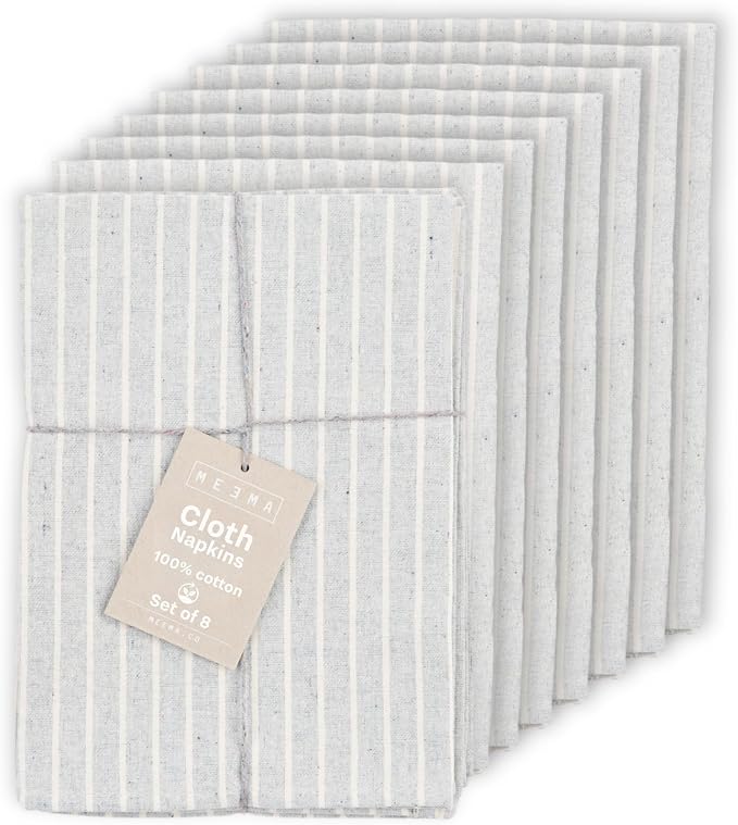 Soft Cloth Napkins Set of 8 - Absorbent Dinner Napkins for Everyday Use, Cotton Blended Table Napkins Washable, Perfect for Table Settings, Parties, & Lunchboxes - Striped (Grey) 19.5x18.5 in by MEEMA