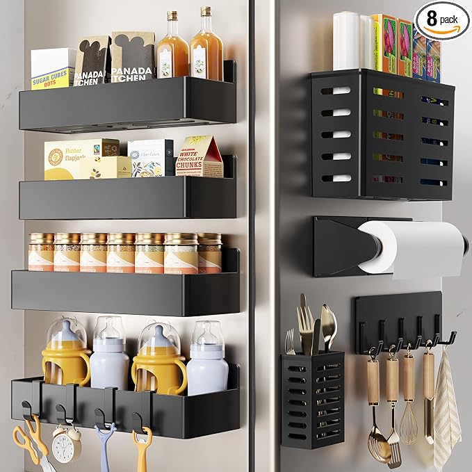 Magnetic Spice Rack for Refrigerator,8 Pack Magnetic Shelf,Fridge Magnet Organizer with Paper Towel Holder,Utensils Racks,Hook Rack,Deepened Basket,Fridge Organizers and Storage Black(8 Pack) by Mystozer