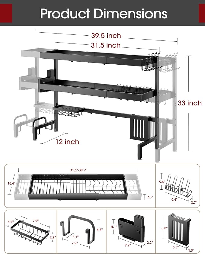 Sakugi 3-Tier Dish Drying Rack Over The Sink, Expandable for Counter | Rustproof Stainless Steel Kitchen Storage Organizer, Space-Saving 31.5"–39.5"Lx12"Wx33"H, Black - Image 4