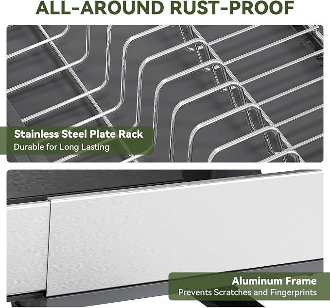 Urackify Expandable Dish Drying Rack, Stainless and Aluminum Frame, Gray | Dish Drainer for Kitchen Counter, Space Saving Kitchen Drying Rack with Movable Utensil Holder, 19.69"L x 13.46"W x 9.06"H - Image 7