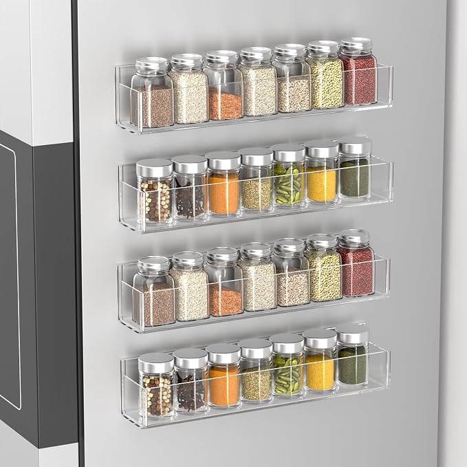 PMMASTO Adhesive Acrylic Spice Rack Organizer for Wall with 2 Nano Double Sided Tape, Spice Shelf Organization for Kitchen Cabinet Door/Pantry Door, Wall Mount Seasoning Rack (Clear-4 Pack) - Image 4