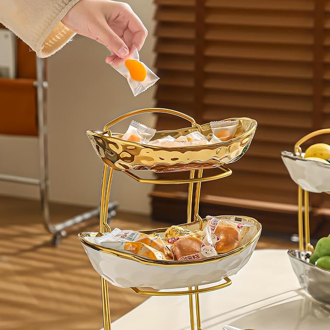 XUDREZ 2 Tier/ 3 Tier Fruit Bowl with Metal Stand for Kitchen Counter, Ceramic Gold Silver, Portable Tiered Fruit Basket Fruit Rack for Nuts, Snacks, Bread, Candy Storage (Gold, 3 Tier) - Image 5