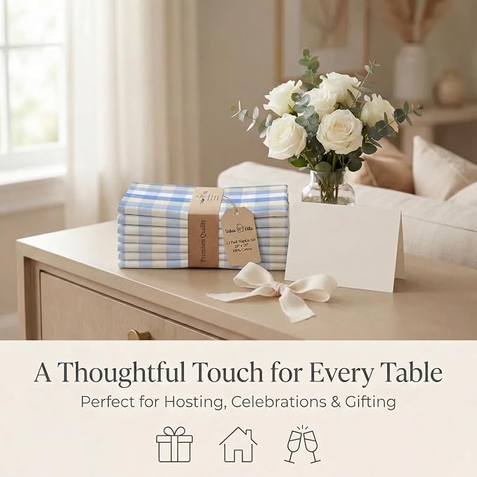 Urban Villa Cloth Napkins Cotton 20x20 (Set of 12) Blue Sand Checks - Image 9