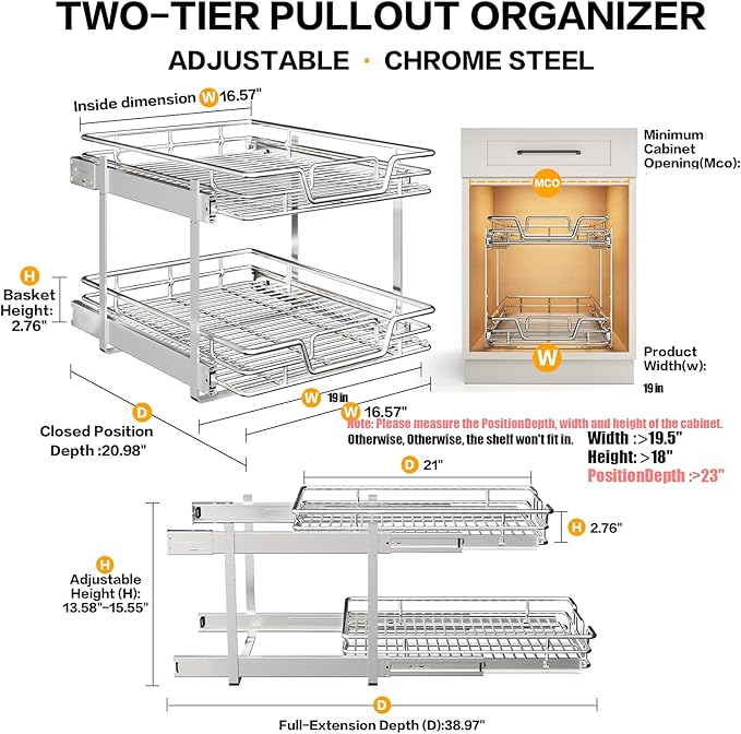 2-Tier Kitchen Cabinet Pull Out Shelf and Drawer Organizer Slide Out Pantry Storaqe Basket in Multiple Sizes (19" W x 21" D) - Image 2