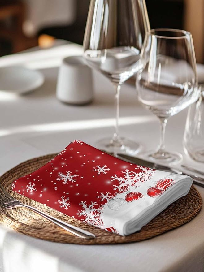 Red Christmas Dinner Cloth Napkins Set of 8, Xmas Ball Winter Snowflake Washable Cocktail Cloth Napkins, Sliver Needles Reusable Table Napkins for Wedding Holiday Party, 20 x 20 Inch - Image 4
