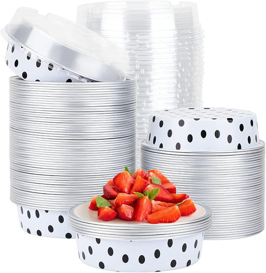 Beasea Mini Tart Pans with Lids 100 Pack, 4” 8oz Disposable Aluminum Baking Foil Tins Round Small White Black Dot Container for Individual Cupcake Dessert Muffin Ramekin Cheesecake Quiche Oven Dishes by Beasea