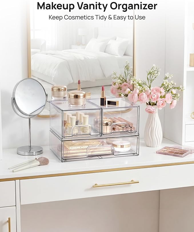 Vtopmart Stackable Storage Drawers Set of 3,Clear Plastic Organizer Bins for Makeup, Cosmetics, Beauty Supplies,Ideal for Vanity, Bathroom,Cabinet,Pantry Organization - Image 4