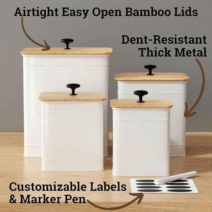 Kitchen Canisters for Countertop Set of 4 w/ Chalkboard Labels & Marker Pen | Airtight Easy Open Bamboo Lids, Dent-Resistant Thick Metal, Customizable Chalkboard Labels, Marker Pen Included, Set of 4 - Image 2