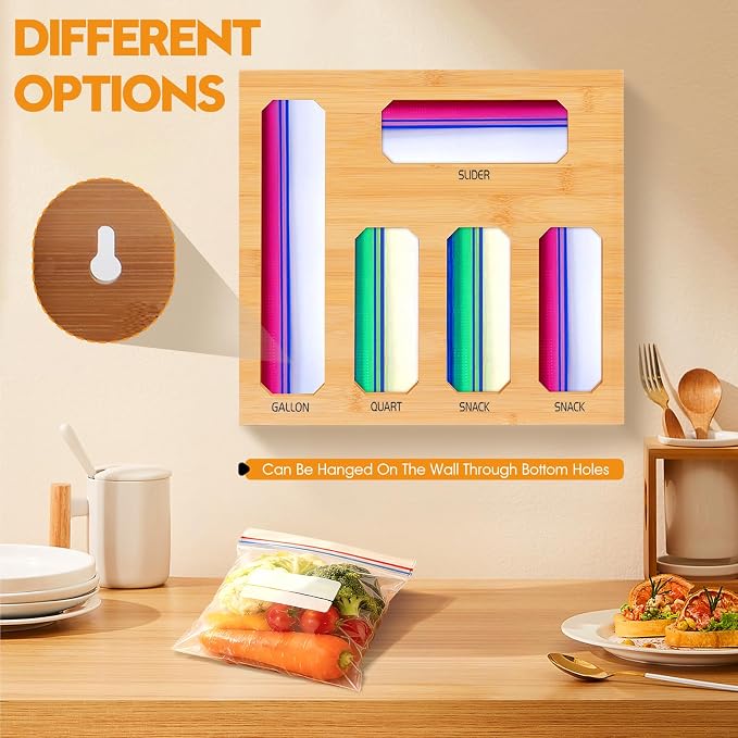 Bamboo Ziplock Bag Organizer for Kitchen Drawer, Food Storage Baggie Holder with 24 Label Stickers, Fits Gallon Quart Sandwich Snack Freezer & Slider Bags, No Assembly, Wall Mount or Drawer - Image 5