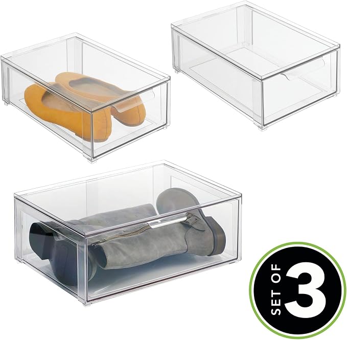 mDesign Plastic Stackable Closet Storage Organizer Bin Containers with Front Pull Drawer for Cabinet, Desk, Shelf, Cupboard, or Dresser Organization - Lumiere Collection - Set of 3 - Clear - Image 2