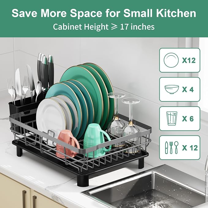 MOUKABAL Dish Drying Rack with Drainboard for Kitchen Counter, Grey | 13×17 Large Capacity/Rustproof Stainless Steel/Fast Drainage Dish Drainer/Removable Utensil Holder/Kitchen Counter Organizer - Image 4