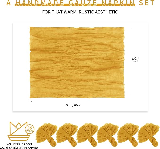 Teruntrue 30 Pack Gold Cloth Napkins, 20 x 20 Inch, Set of 30, Gauze Napkins, Boho Dinner Table Napkins, Wedding Party, Baby Shower, Birthday Party Decorations - Image 2
