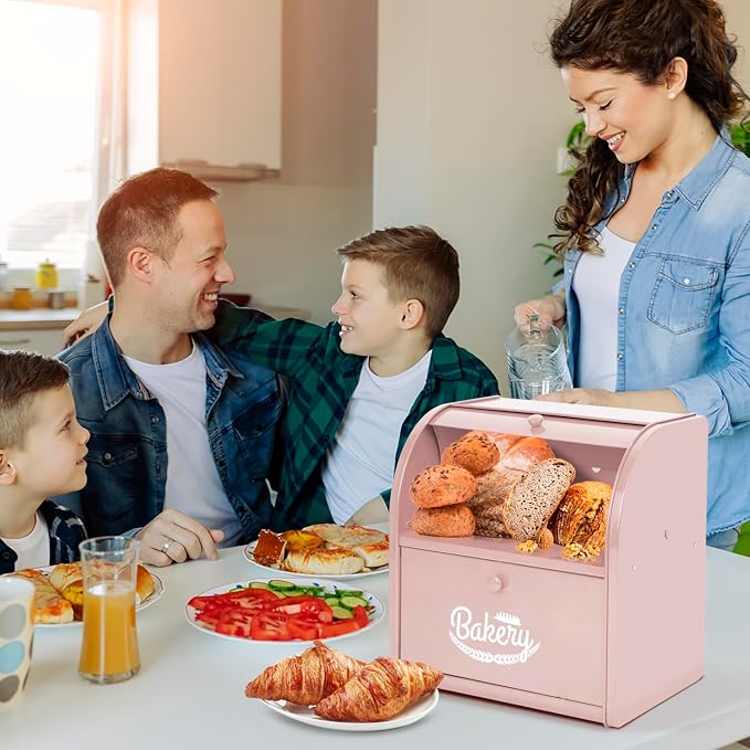 Bread Box, Metal Bread Box For Kitchen Countertop, Bread Storage Container Holds 2 Loaves Of Bread, High Capacity Breadbox, Bread Holder Suit Farmhouse Kitchen Decor For Counter (Pink) - Image 5