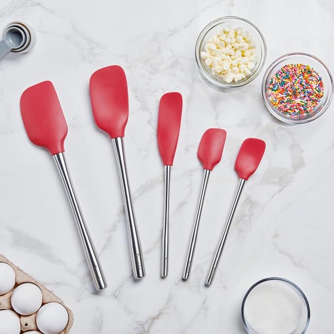 Tovolo Stainless Steel Handled Silicone Spatula Set of 5 Cayenne Red, Dishwasher Safe Kitchen Spatula Set for Cooking Baking, Non Toxic BPA Free Silicone Spatula set with Metal Steel Handle - Image 3