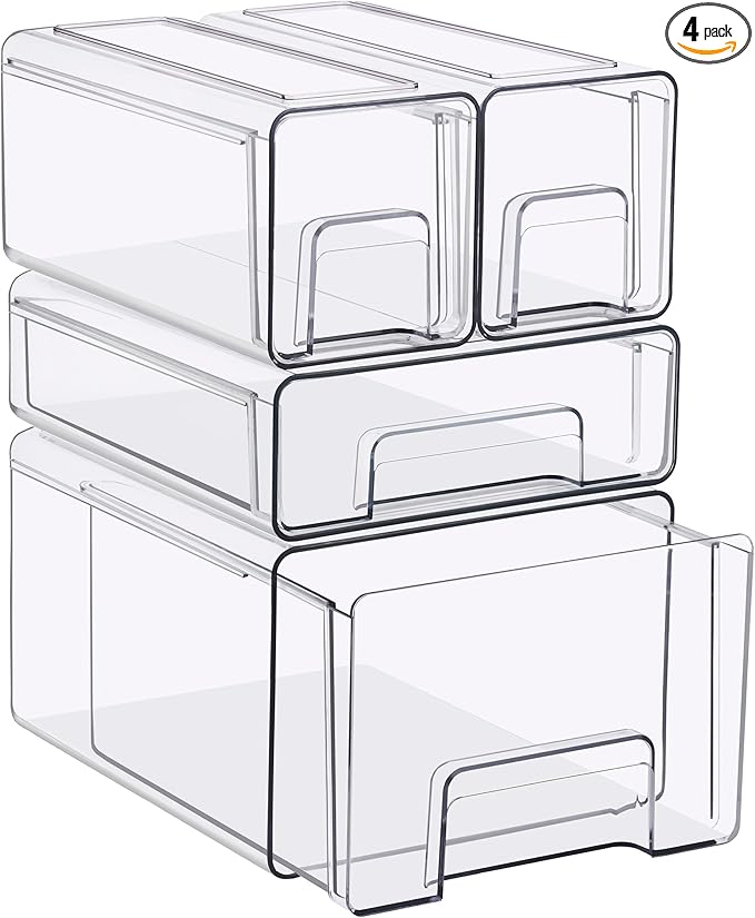 Sorbus Clear Stackable Storage Drawers, 4-Piece Set 1 Large, 1 Medium & 2 Small Pull-Out Plastic Organizer Bins with Handles for Bathroom, Closet, Pantry, Cabinet & Medicine Storage by Sorbus