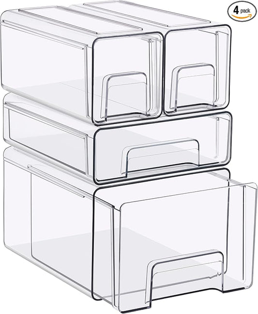 Sorbus Clear Stackable Storage Drawers, 4-Piece Set 1 Large, 1 Medium & 2 Small Pull-Out Plastic Organizer Bins with Handles for Bathroom, Closet, Pantry, Cabinet & Medicine Storage by Sorbus