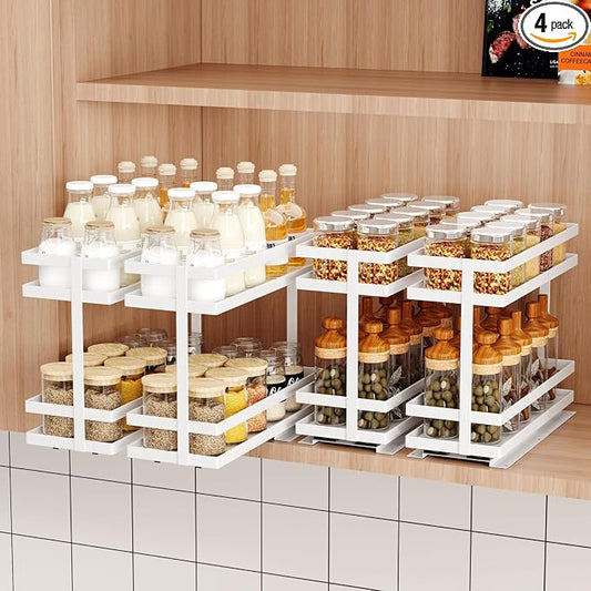 Mustorn 4 Pack Pull Out Spice Rack Organizer for Cabinet, 2 Tier Metal Slide Out Seasoning Organizer and Storage Heavy Duty Vertical Spice Rack Shelf Pullout for Kitchen Cabinets No Drilling (White) by MUSTORN