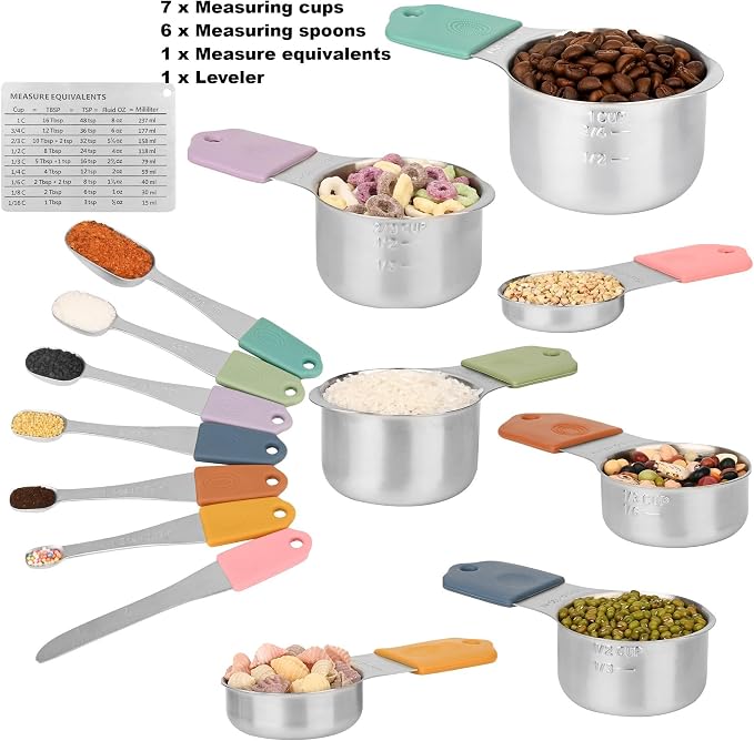 Magnetic Measuring Cups & Spoons Set 15, Stainless Steel Measuring Cups and Spoons Set, Color Heavy Duty Metal Measuring Cups&Spoons Set w/Leveler & Measure Equivalents for Cooking & Baking - Image 2