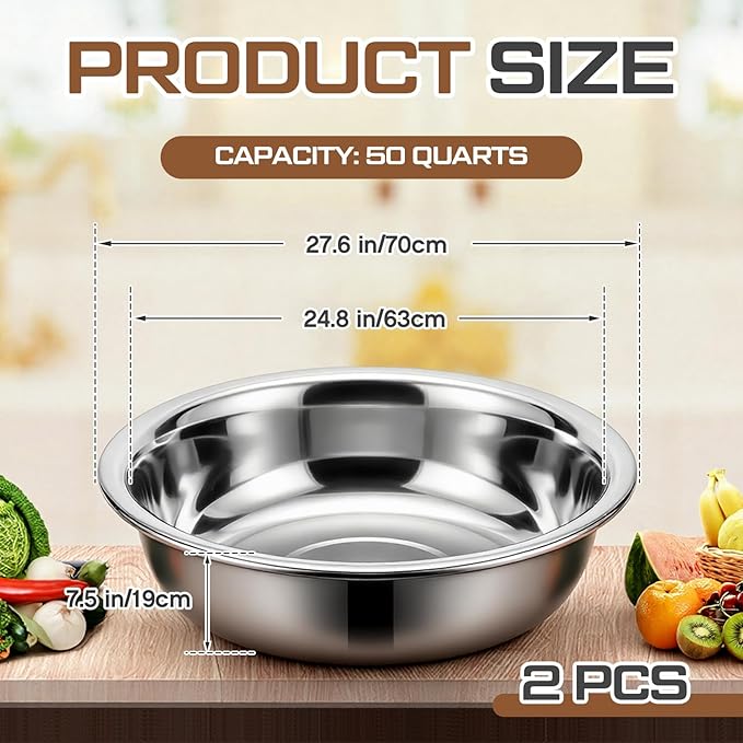 Lounsweer 2 Pack 50 Quart Stainless Steel Large Mixing Bowl 27.5" Silver 304 Stainless Steel Extra Large Capacity Stackable Mixing Bowl for Commercial Kitchens/large Families/school Cafeteria - Image 2