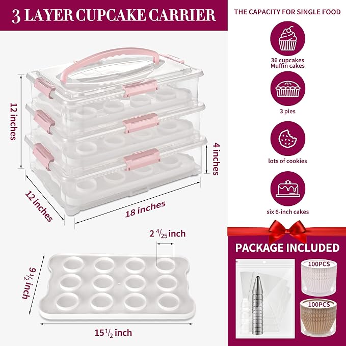 ARC 3-tiers Cupcake Carrier (Pink) - Cupcake Holder and Cake Transport Container that Holds up to 36 Cupcakes or 3 Large Cakes - BPA-Free, Great for Parties & Festivals - Image 2