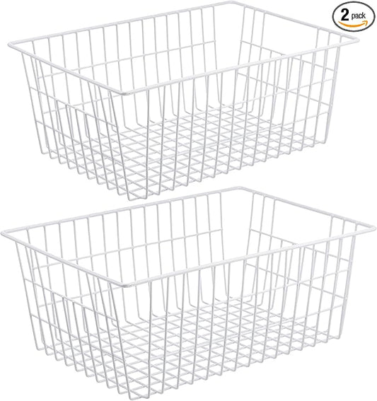 Redrubbit Wire Storage Baskets, Large Farmhouse Metal Freezer Basket Storage Organizer Bins with Handles for Kitchen Cabinets, Pantry, Closets, Bedrooms, Bathrooms, Set of 2, White by Redrubbit