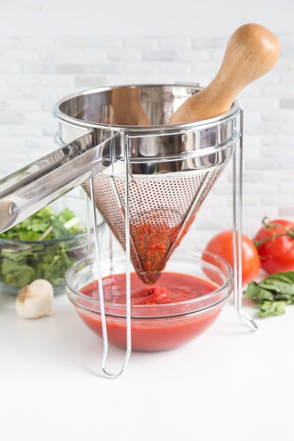 Farm to Table Chinois Set, Stainless Steel, 3-Piece | Easily Strain Soups, Sauces, Broths, Compotes & More | Kitchen Strainer With Stand, Pestle & Handle | Food Mill Strainer - Image 5