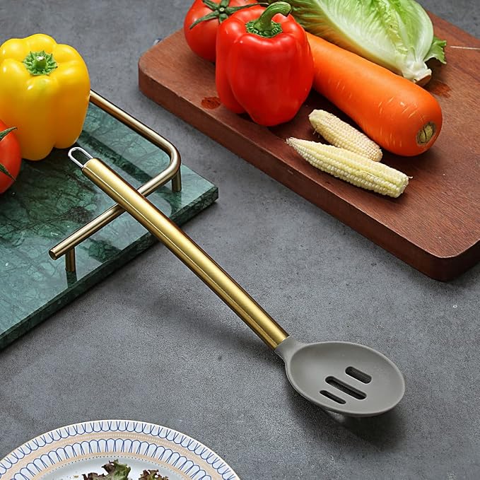 Berglander Non-stick Silicone Slotted Spoon, Titanium Gold Plated Handle, Basting Spoon, Dishwasher Safe, Easy to Clean - Image 3