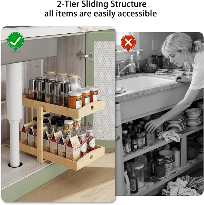 2 Pack Bamboo Under Sink Organizer, 2-Tier Sliding Drawers for Cabinets | Pull-out drawers keep cleaners and tall bottles visible, organized and easy to reach in kitchen or bathroom cabinets - Image 7