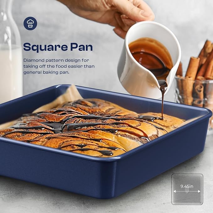 12-Piece Ceramic Coated Nonstick Baking Set, Oven Safe Bakeware - Blue | Bakeware Set Including Cake Pan, Muffin Tray, Loaf Pan, Square Pan, Roaster, Cookie Sheet, Cooling Rack and Baking Utensils - Image 5