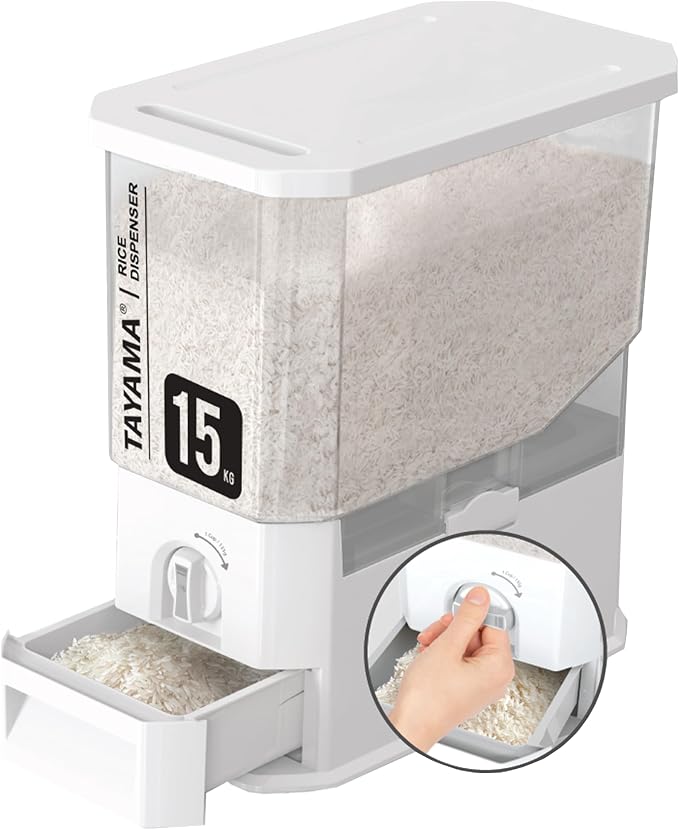TAYAMA 33 lbs. Capacity Rice Dispenser Grain Storage Container, White - Image 3