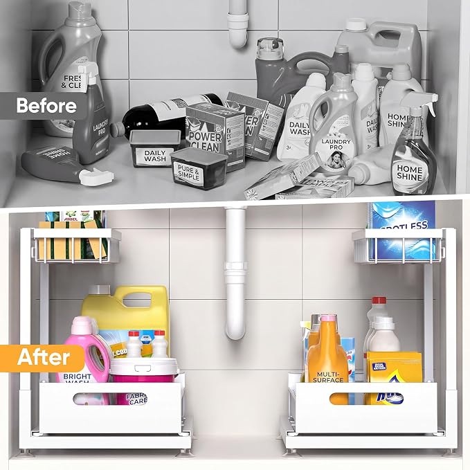 2-Pack L-Shaped Under Sink Organizer, 2-Tier Pull-out Cabinet Rack | White Height-Adjustable Steel Rack, Sliding Grid Drawers with PP Liners, Holds 100 Lbs, Suction Base, Ideal Kitchen Storage - Image 3