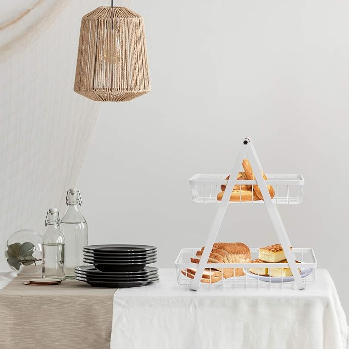 2-Tier Fruit Basket, Metal Fruit Bowl Bread Baskets Countertop Vegatable Storage Stand for Kitchen, White - Image 3