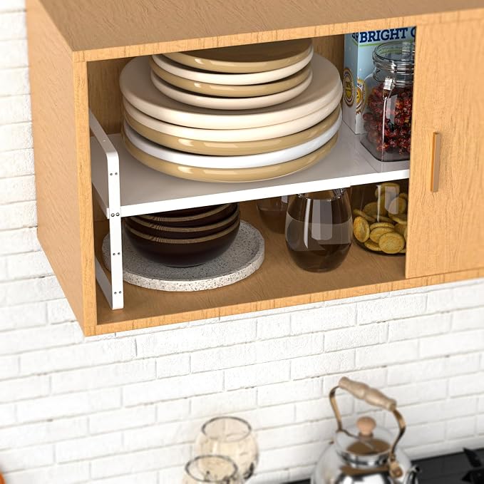 SANNO Expandable Kitchen Shelf Organizers,Cupboard Organizer Rack Space Riser Countertop Kitchen Pantry Cupboard Countertop Shelf Organizers, White, 2 pack - Image 7